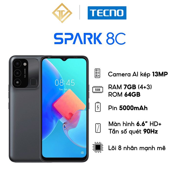 Điện thoại TECNO Spark 8C (4GB+3GB/64GB) - Pin 5000 mAh 6.6&quot; HD+ 90Hz - Hàng chính hãng