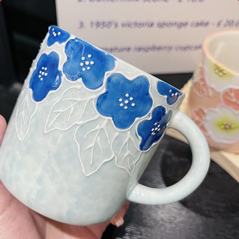 Cốc Sứ Tráng Men Nhật Bản Seto Yaki Thủ Công Vẽ Tay - Hoạ Tiết Bông Hoa Lê Có Thìa