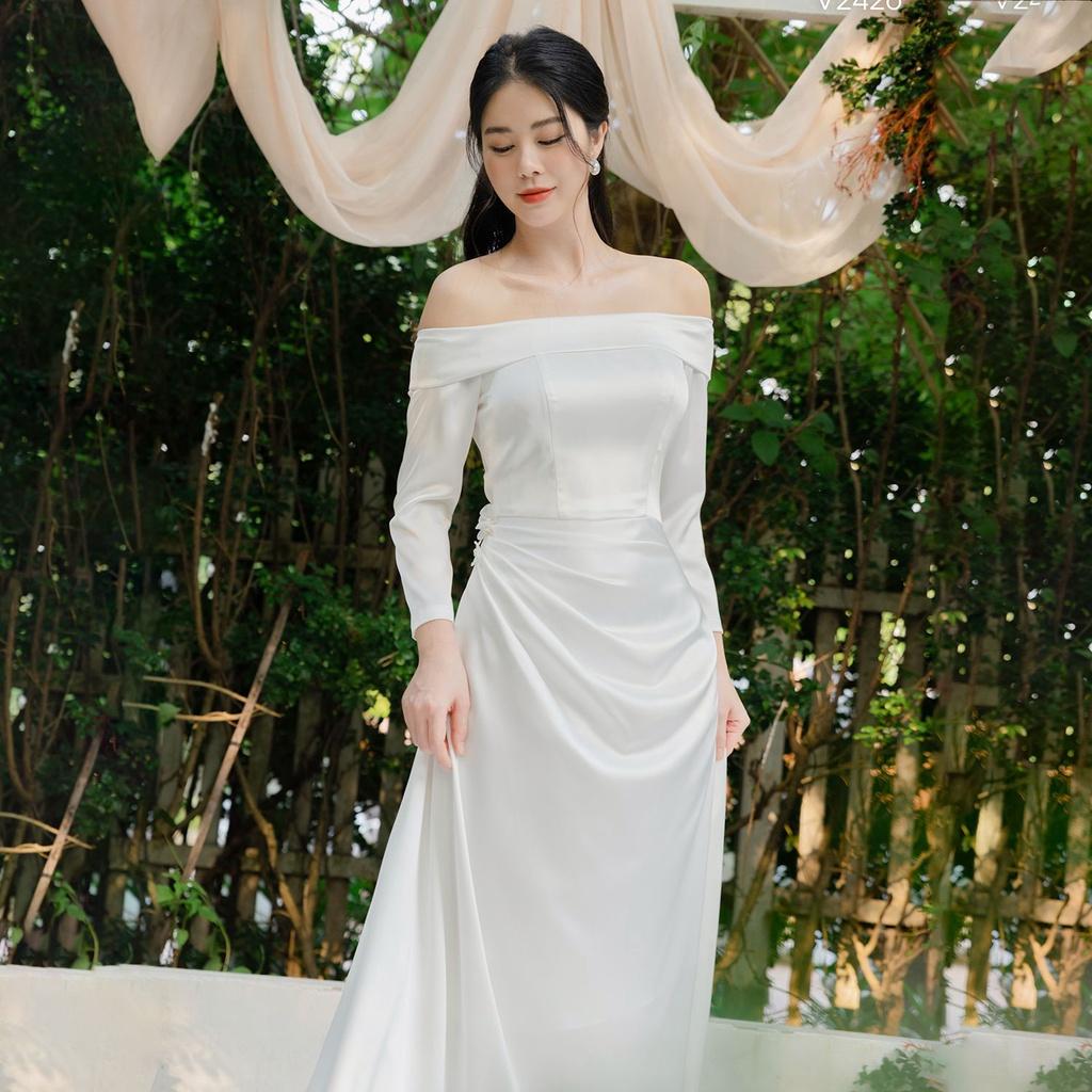 Váy trắng trễ vai dáng dài thiết kế chính hãng GIIAN, đầm maxi nhún eo cho cô dâu, dự tiệc chất lụa sang trọng - V2426