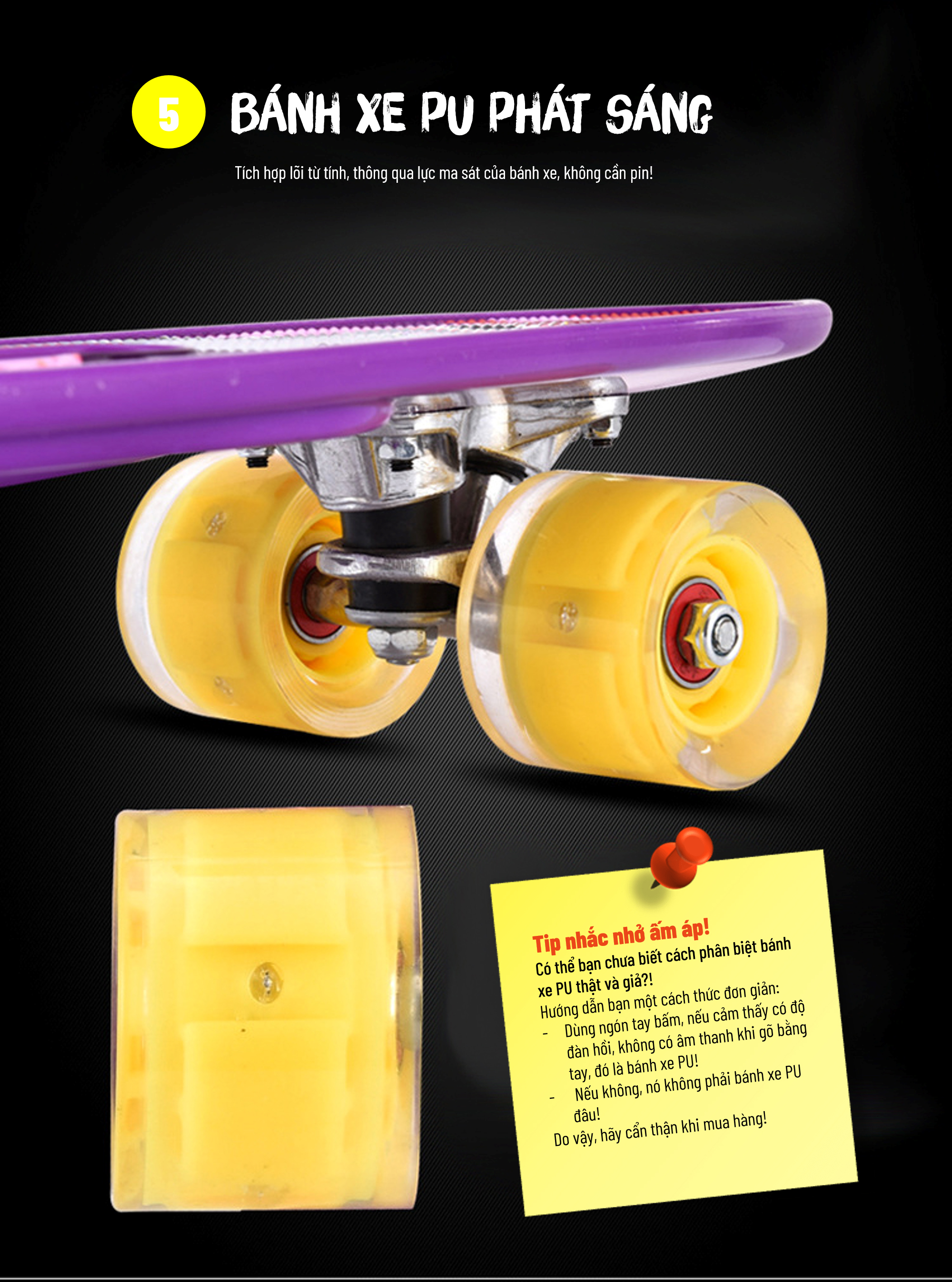 Ván Trượt Skateboard Penny - Có Tay Cầm - Trục Kim Loại To - Bánh Cao Su Có Đèn Led
