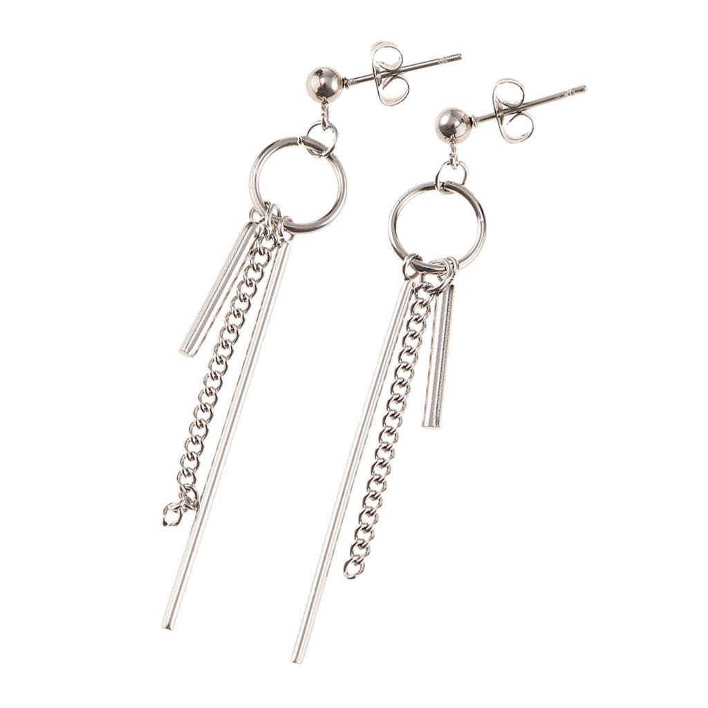 Stainless Steel Long Bar Chain Earrings Ring Loop Ear Clip