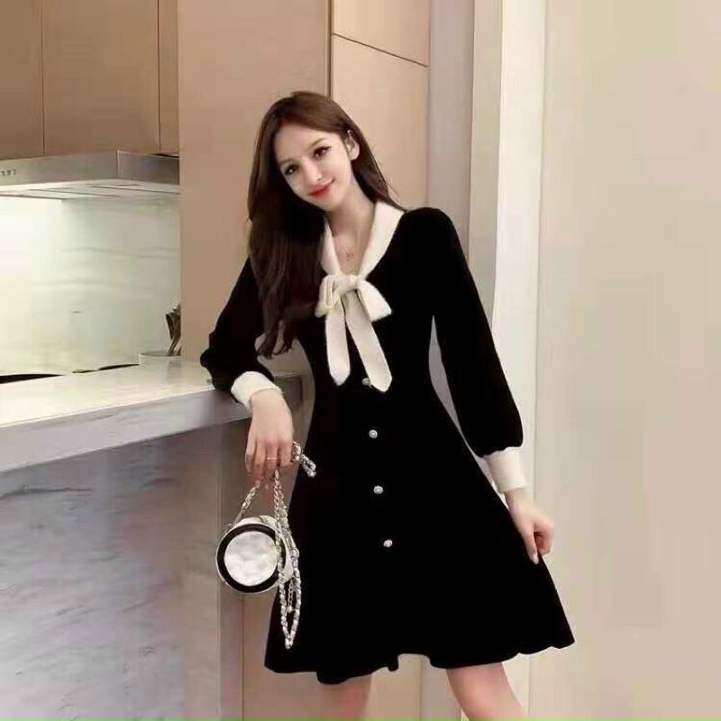 Đầm váy len dáng xoè cổ nơ lông