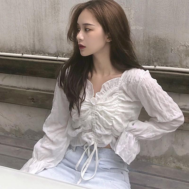 Áo Kiểu Tay Dài Màu Trơn Thiết Kế Cổ Chữ V Thời Trang Thanh Lịch