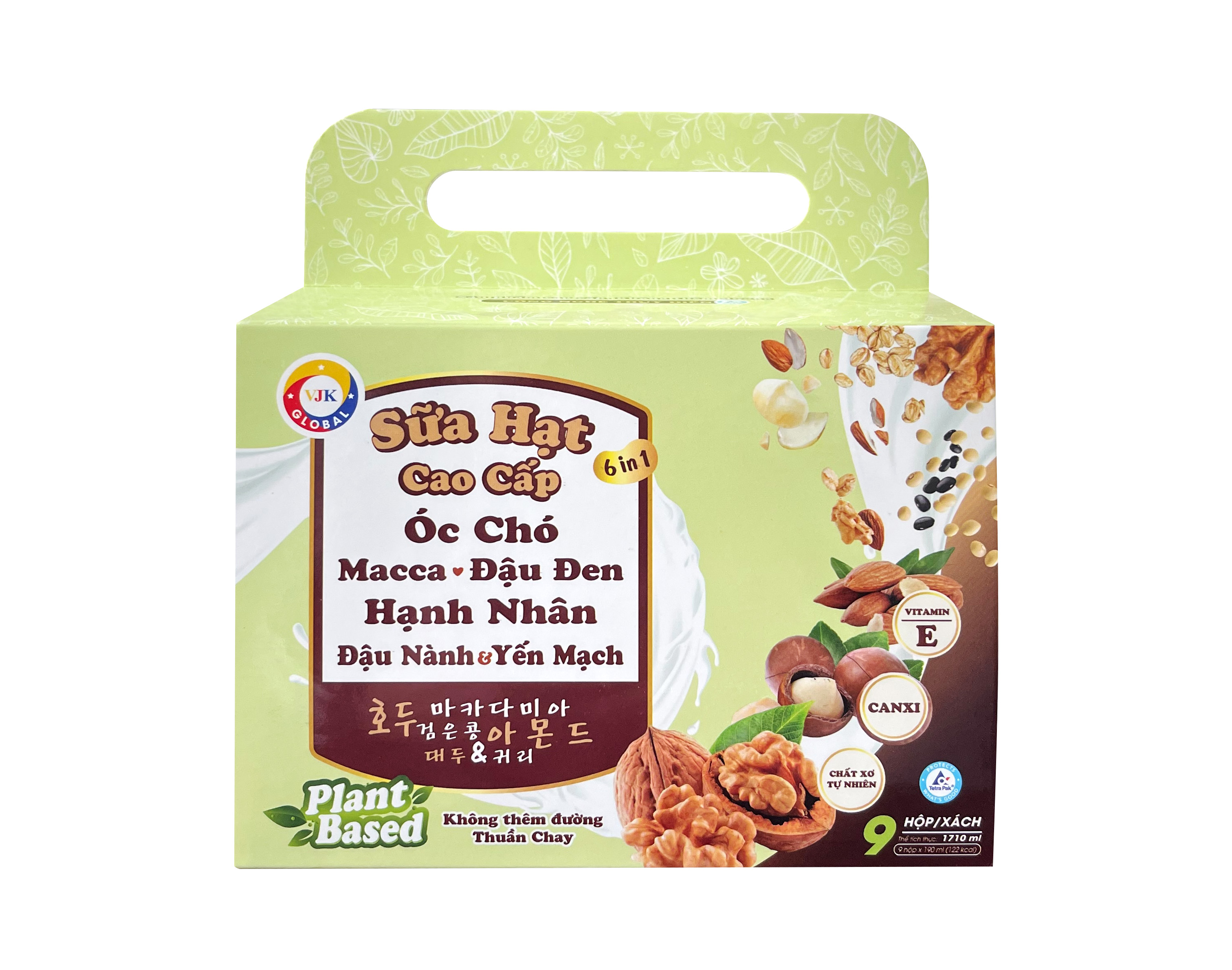 Sữa hạt cao cấp Óc chó - Macca - Đậu Đen - Hạnh Nhân - Đậu Nành &amp; Yến Mạch không thêm đường 190ml (9hộp/xách)