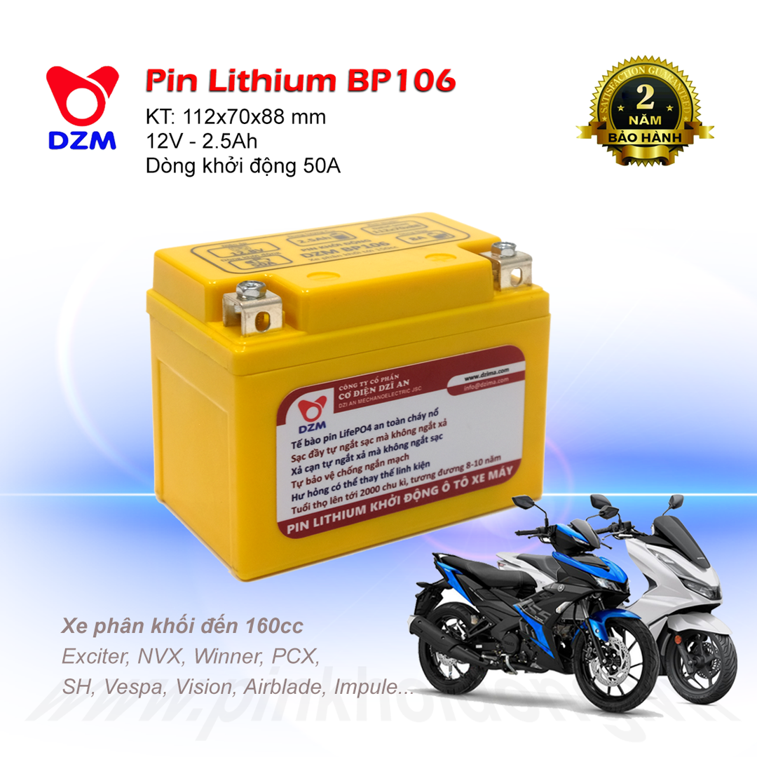 Pin khởi động Xe máy DZM BP106, Tuổi thọ 8-10 năm | Thay Ắc quy chì | Pin Lithium LifePO4 | 12V - 2.5Ah - 50A