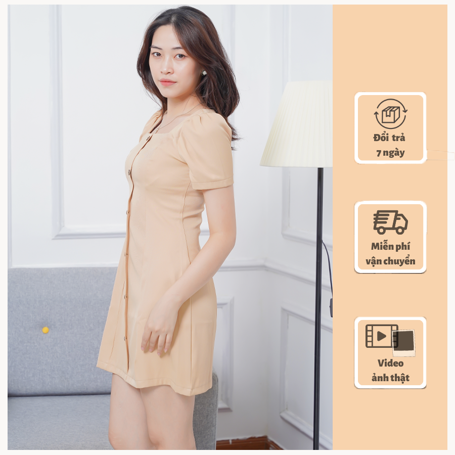 Váy kaki dáng suông, hàng cúc dọc phong cách Hàn Quốc trẻ trung, năng động v118