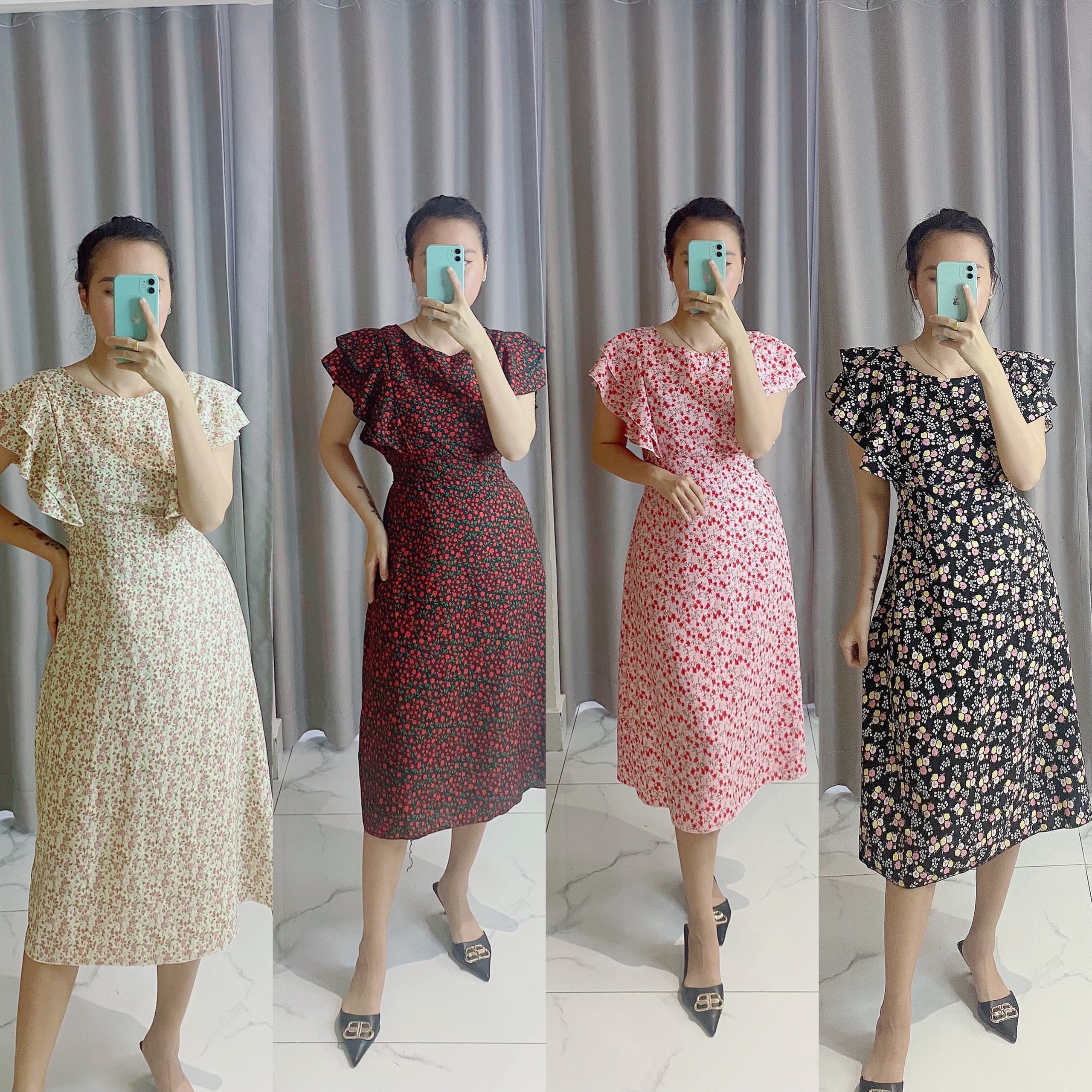 Váy đầm nữ công sở đẹp,Váy nữ thời trang tiểu thư tiệc cưới, váy hoa nhí chữ A tay bèo V014