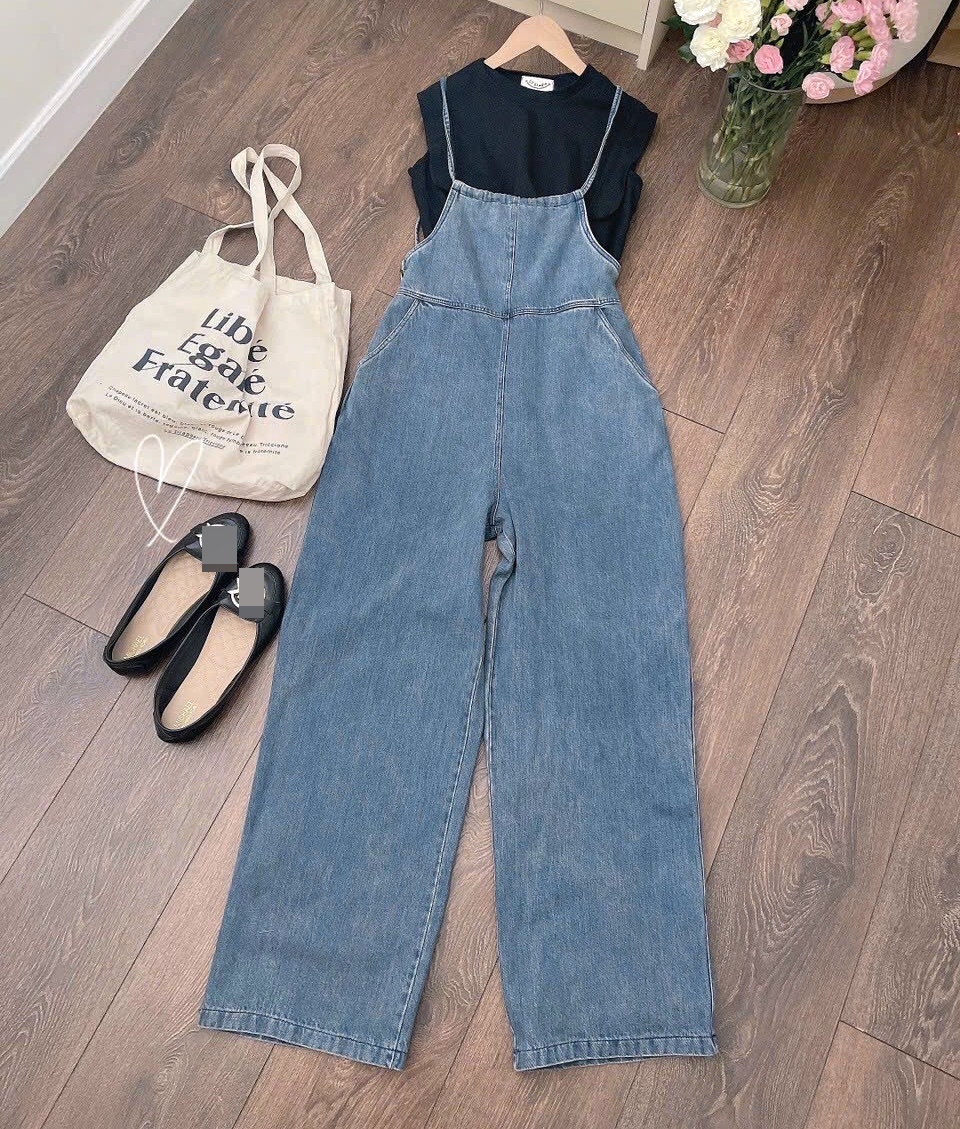 SET JUMPSUIT ĐỒ BAY QUẦN YẾM 2 DÂY DÀI ỐNG RỘNG JEANS LƯNG CAO SUÔNG ĐỨNG + ÁO THUN TRƠN ĐI CHƠI DẠO PHỐ ĐI BIỂN