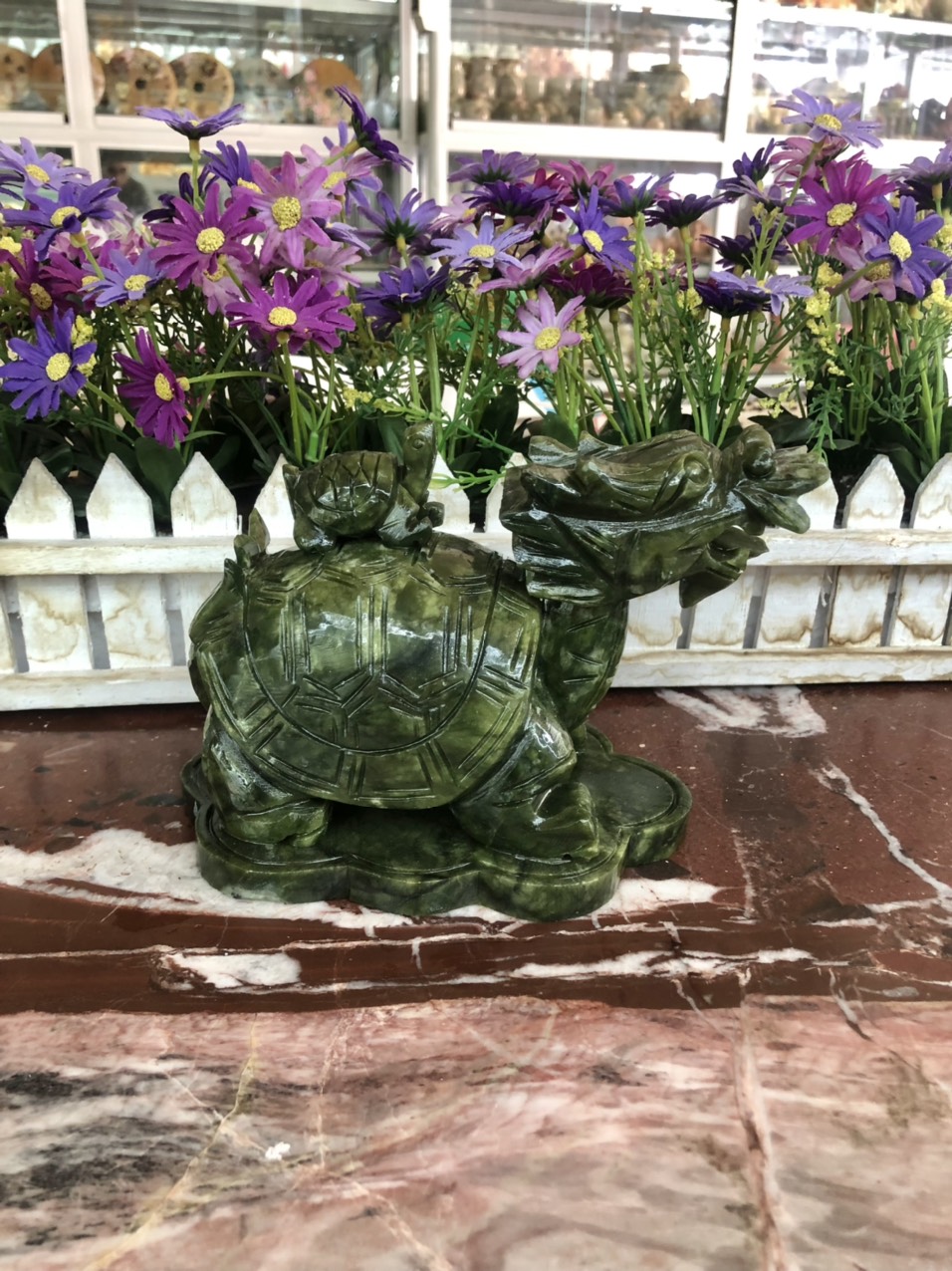 Tượng Long Quy cõng con phong thủy đá ngọc Ấn Độ - Dài 16 cm