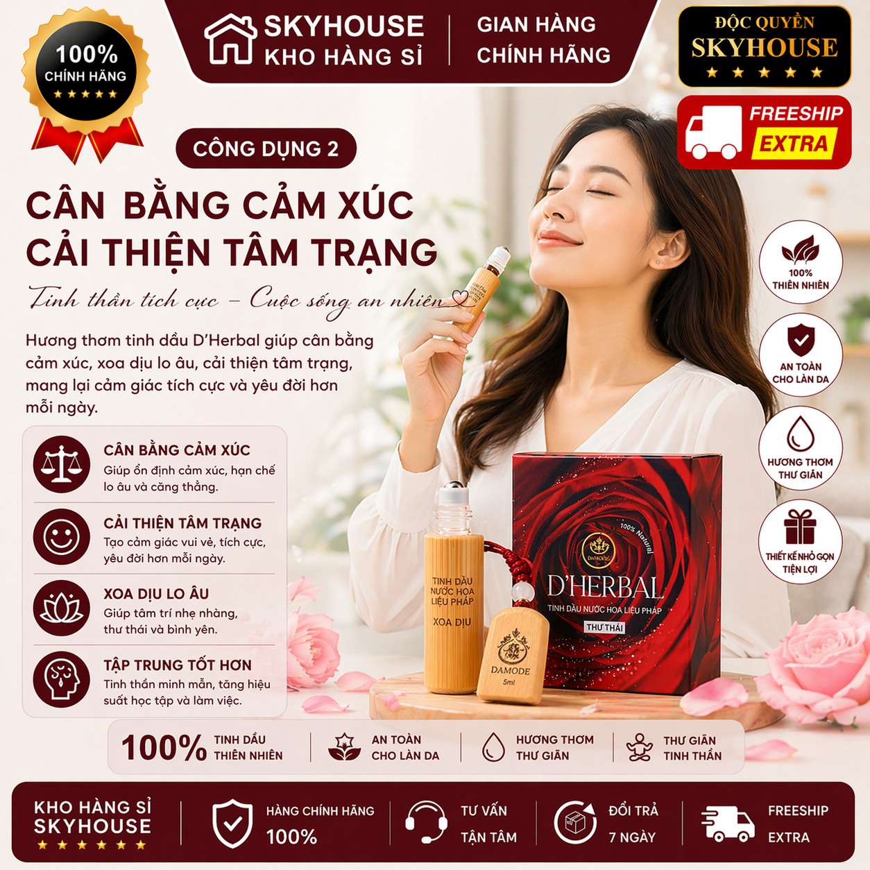 Tinh dầu nước hoa thư thái trị liệu DHERBAL độc quyền DAMODE chai 5ml tinh dầu nước hoa giảm stress chính hãng