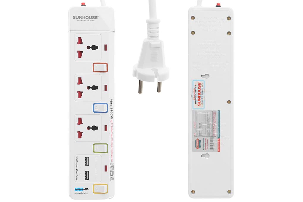 Ổ cắm điện Sunhouse 2 USB 3 lỗ 3 chấu 2.5m SHE- OC2-3RU - Hàng chính hãng