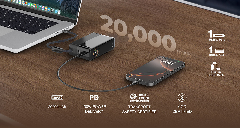 Pin Dự Phòng Kèm Cáp MAZER Ai PowerCharge Laptop PD 130W Dung Lượng 20.000 mAh Có Màn Hình Ai Hiển Thị Pin Và Công Suất Hàng Chính Hãng