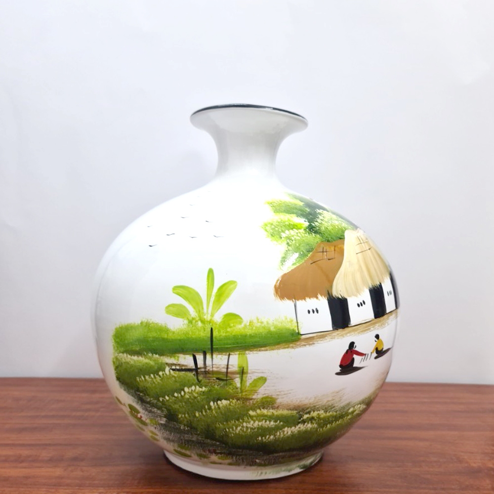 Bình Hút Lộc Gốm Sứ Trắng Vẽ Tranh Đồng Quê - 30cm - Maxi