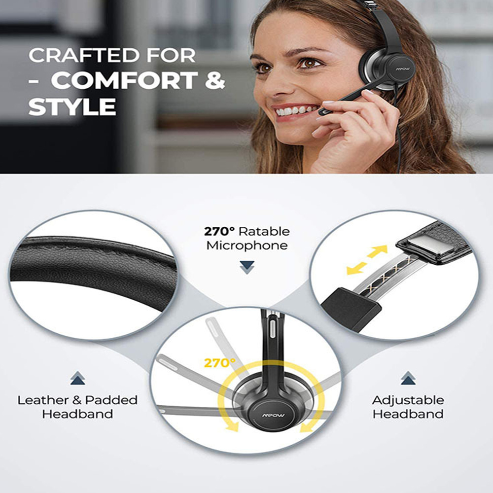 Tai nghe Mpow HC6 USB / 3,5mm với micrô trên tai 270 độ Điều khiển micrô bùng nổ trong dòng với tính năng tắt tiếng cho máy tính tổng đài