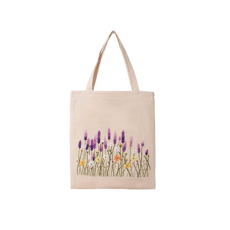 TÚI TOTE VẢI LINEN THÊU TAY HỌA TIẾT HOA LAVENDER CÓ KHÓA KÉO