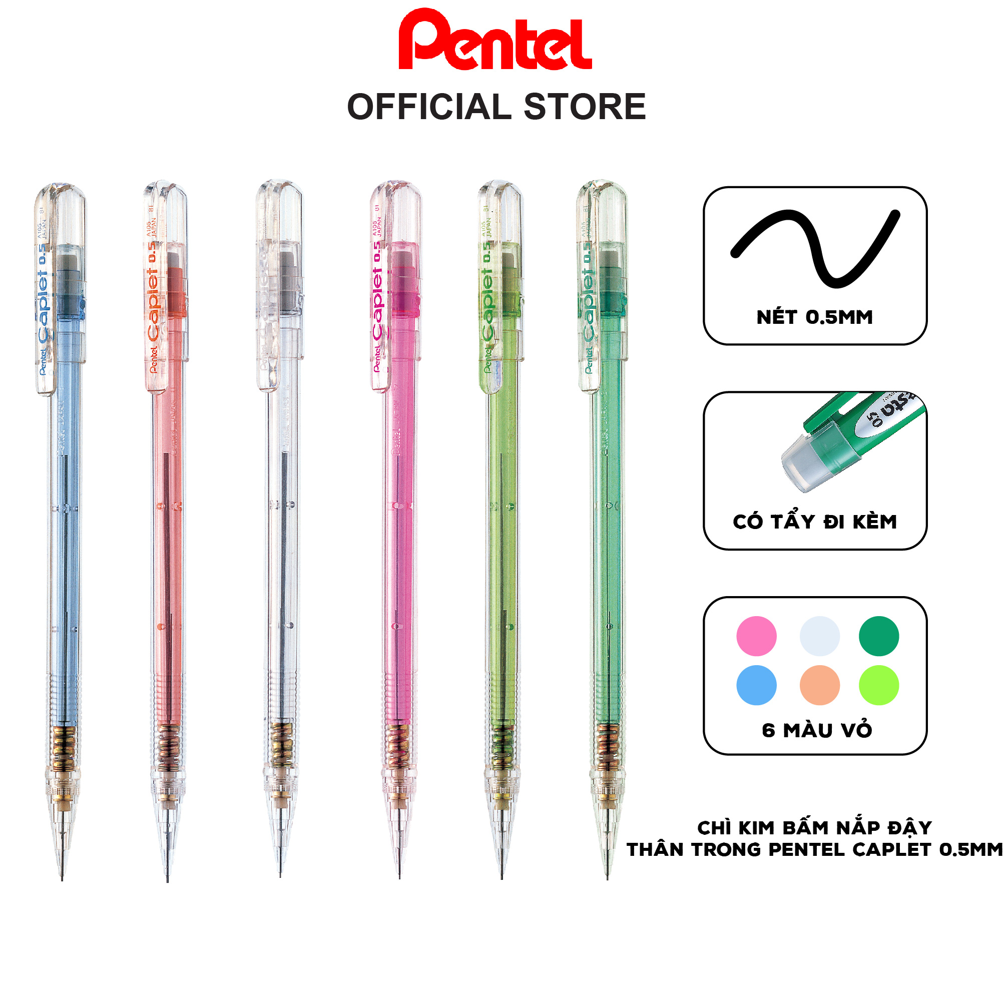 Bút chì kim Pentel Caplet thân trong, có nắp đậy 0.5mm - A105