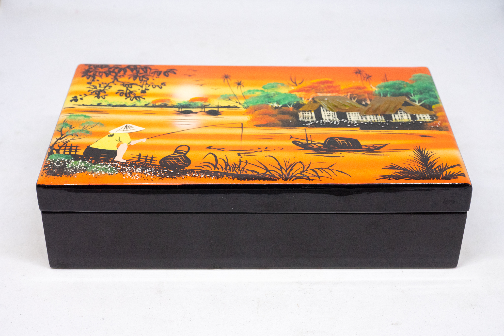 Hộp đựng trang sức gỗ sơn mài chữ nhật hình Phong cảnh đồng quê
