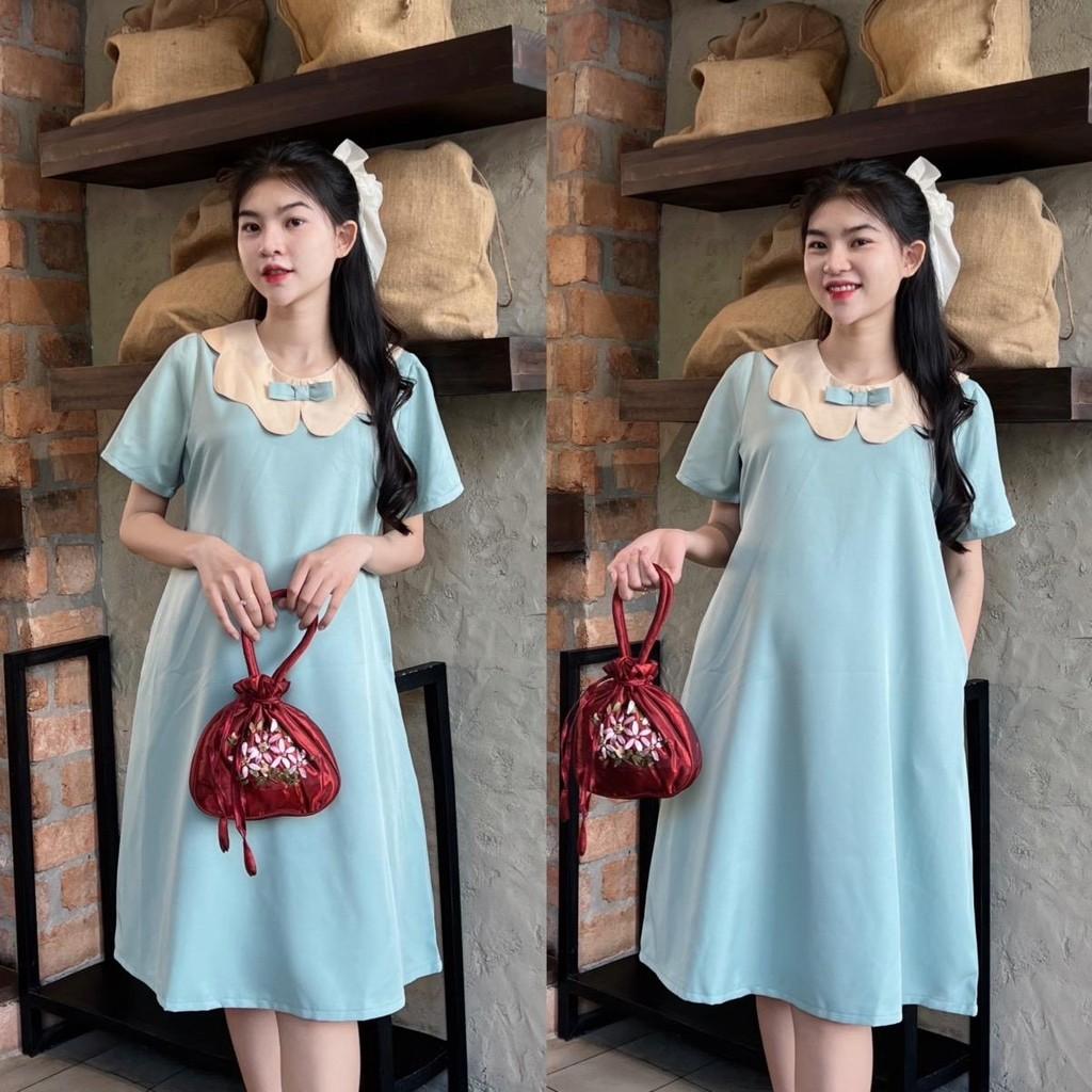 Đầm bầu công sở cổ sen phối nơ chất cotton lạnh phom suông gọn dáng thanh lịch - Xanh đậu