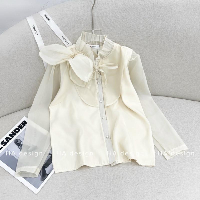 Áo voan tơ nơ đá cổ bèo