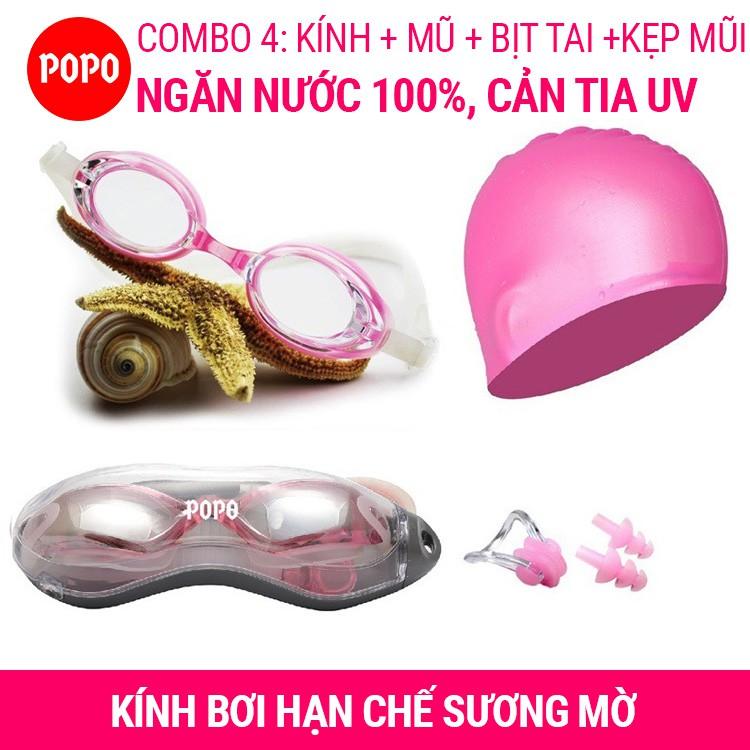 Kính bơi người lớn nam nữ POPO Set1153 kèm mũ bơi trơn, bịt tai kẹp mũi với mắt kiếng bơi chống tia UV