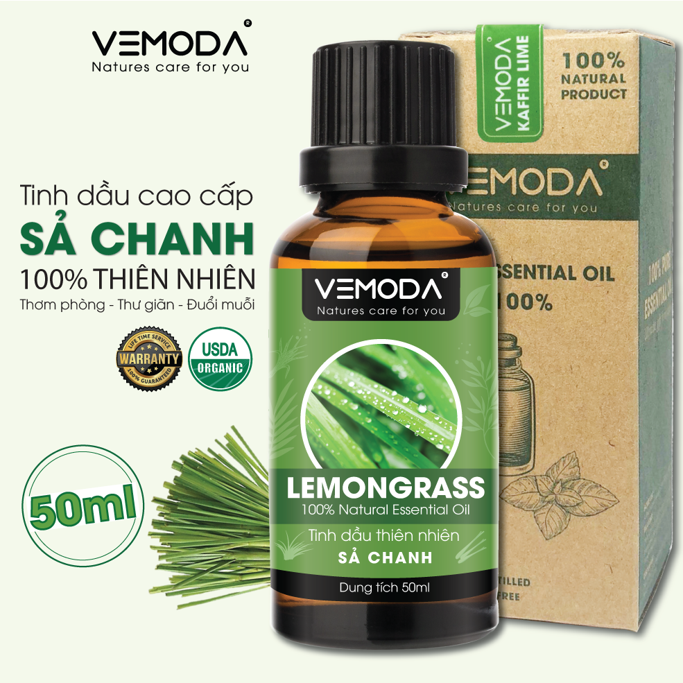 Tinh dầu Sả chanh cao cấp 50ML Lemongrass. Tinh dầu xông phòng Vemoda giúp thanh lọc không khí, khử mùi, kháng khuẩn, đuổi muỗi, giải cảm, làm đẹp. Tinh dầu thiên nhiên sả chanh