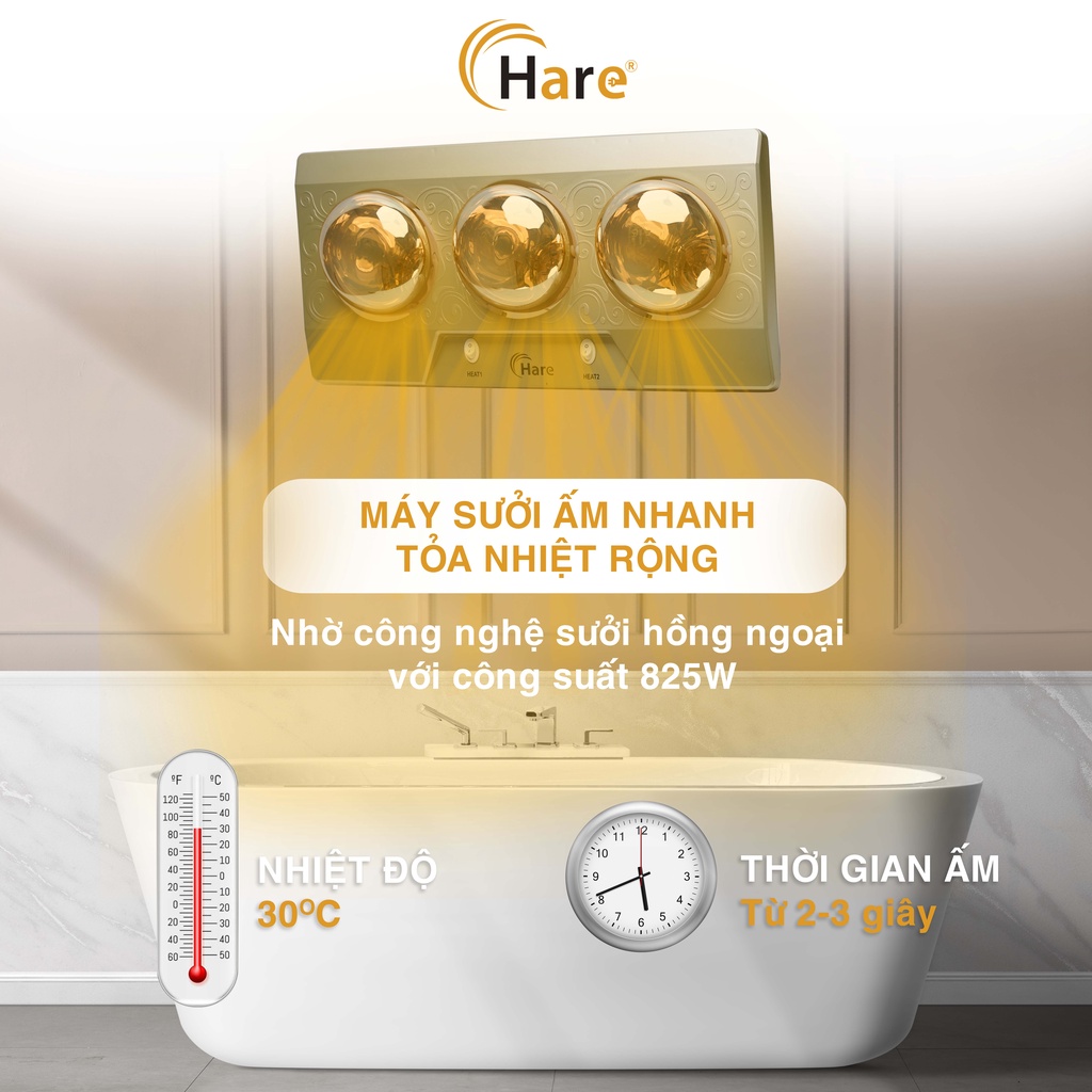 Đèn sưởi nhà tắm cao cấp sưởi ấm nhanh, chống loá, đui sứ chống cháy nổ -hàng chính hãng thương hiệu Hare - bảo hành 36 tháng