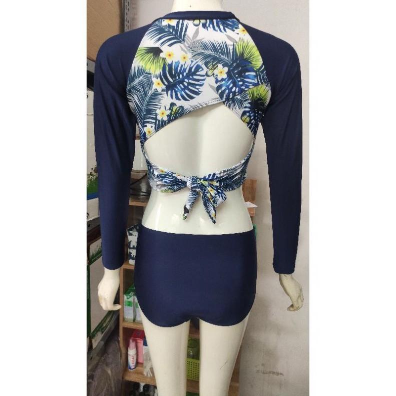 Bikini Dài Tay Hoa Xanh Hai Mảnh Cạp Cao Quảng Châu Hottrend 2021 Sexy Xịn Đẹp