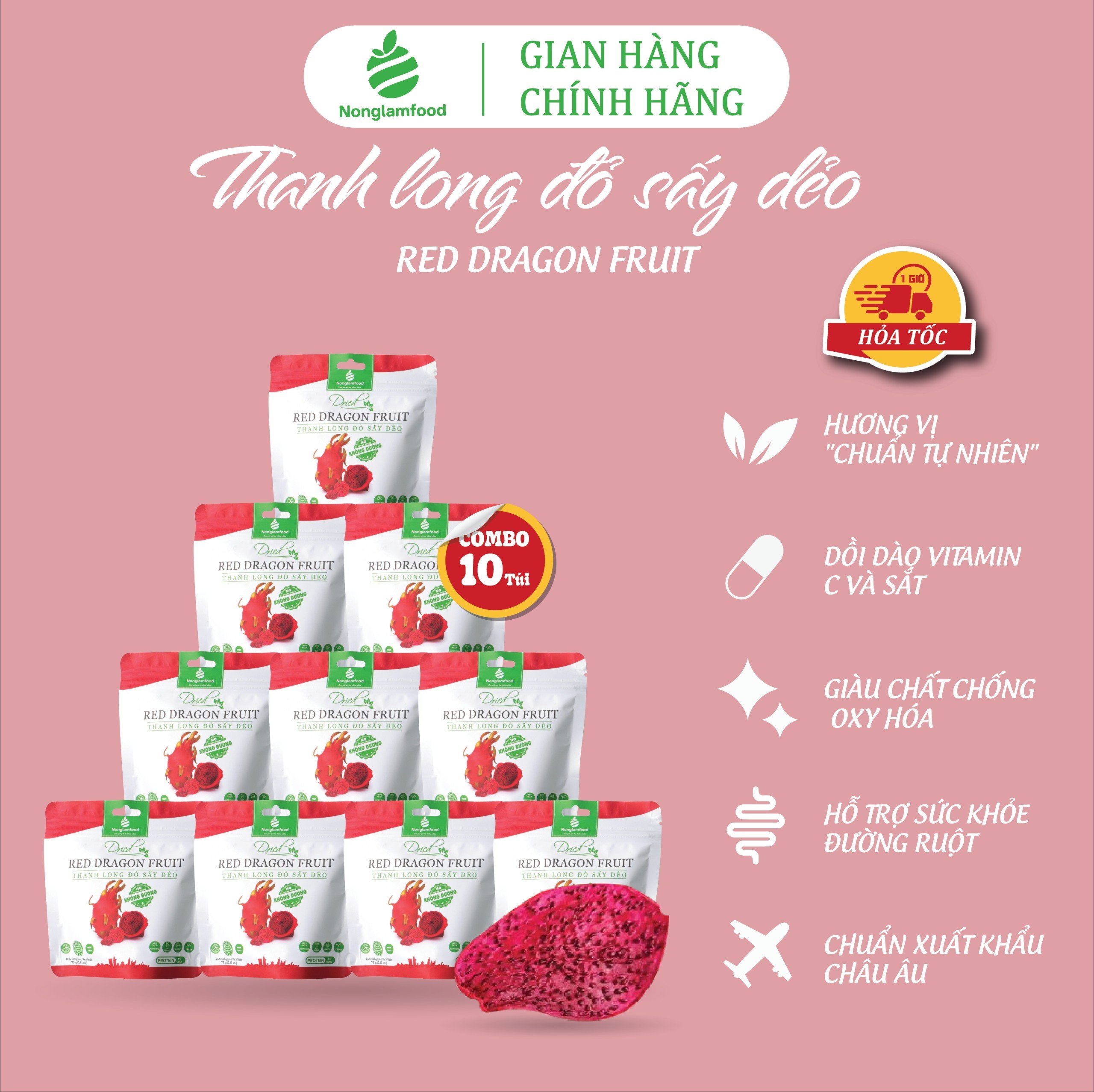 Combo 10 túi Thanh Long đỏ KHÔNG ĐƯỜNG sấy dẻo Nonglamfood túi 75g | Ăn vặt tốt cho sức khỏe | Healthy Snack | Ăn vặt văn phòng