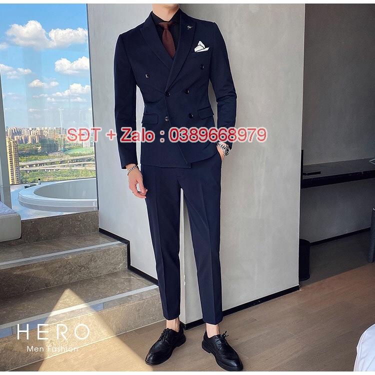 Bộ Vest Nam Hàn Quốc 6 Cúc Màu Xanh, Chất vải sịn, Fom Dáng Đẹp, Bộ Suit Nam 6 Cúc