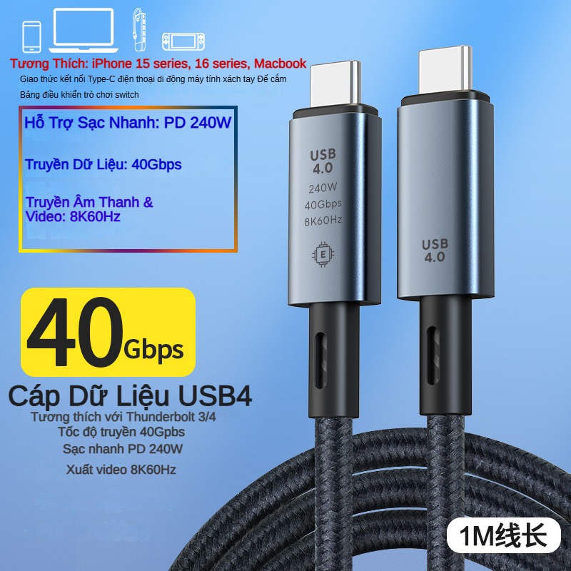 Cáp Sạc Nhanh Type-C to Type-C PD 240W - Dây Cáp Dữ Liệu FIRO USB4 CABLE - Sạc Nhanh PD 240W 48V@5A, Xuất Video 8K60Hz, Truyền Dữ Liệu 40Gbps - PD240W/8K60Hz/40Gbps - Dài 1,5 Mét - Dùng Cho iPhone15,16 Series, Macbook, Laptop, Smartphone - Hàng Chính Hãng