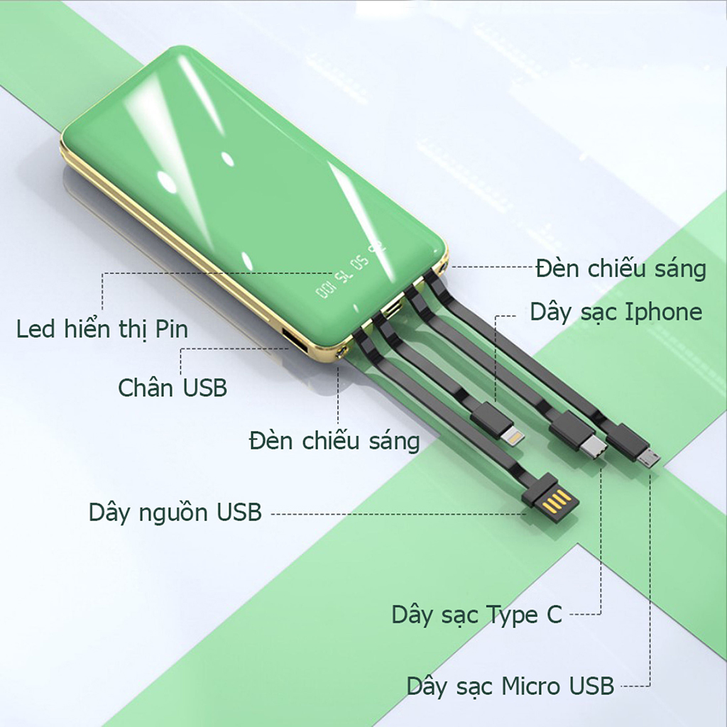 Pin sạc dự phòng HXSJ 20000mAh Hỗ trợ sạc nhanh 2.1A, Tích hợp sẵn 4 đầu sạc chuyên dụng Micro usb, Type - C, Lightning - Hàng chính hãng