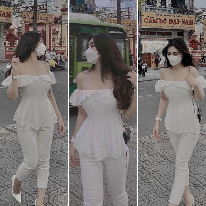 Set áo trắng bẹt vai với quần baggy