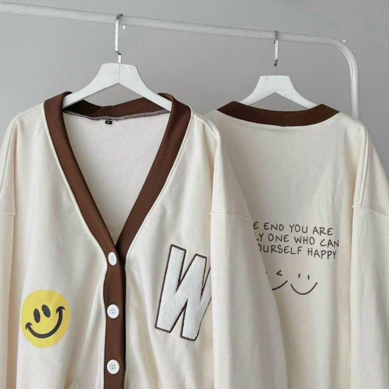 Áo Khoác nỉ bông FY mặt cười form rộng,tay phồng bo nhún,Mẫu áo nỉ bomber dây kéo phao unisex nam nữ