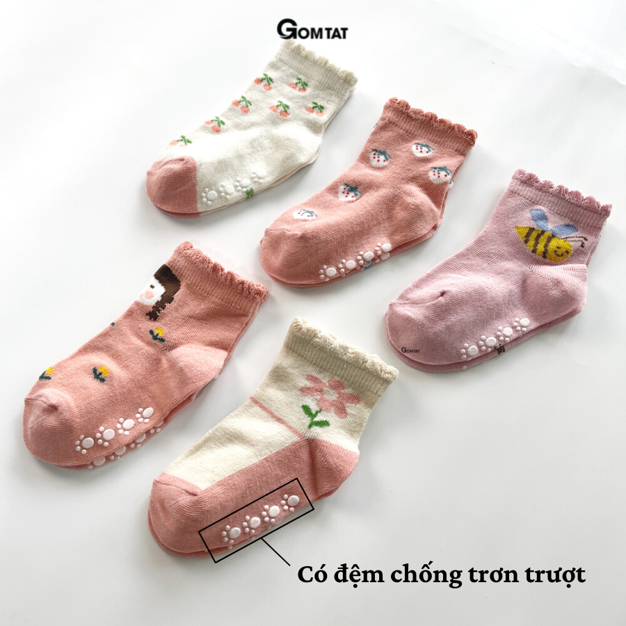 Set 5 Đôi Tất Cho Bé Gái GOMTAT Dễ Thương Màu Hồng, Vớ Trẻ Em Có Đệm Cao Su Chống Trượt Gót - LISU-TREEM-NU03