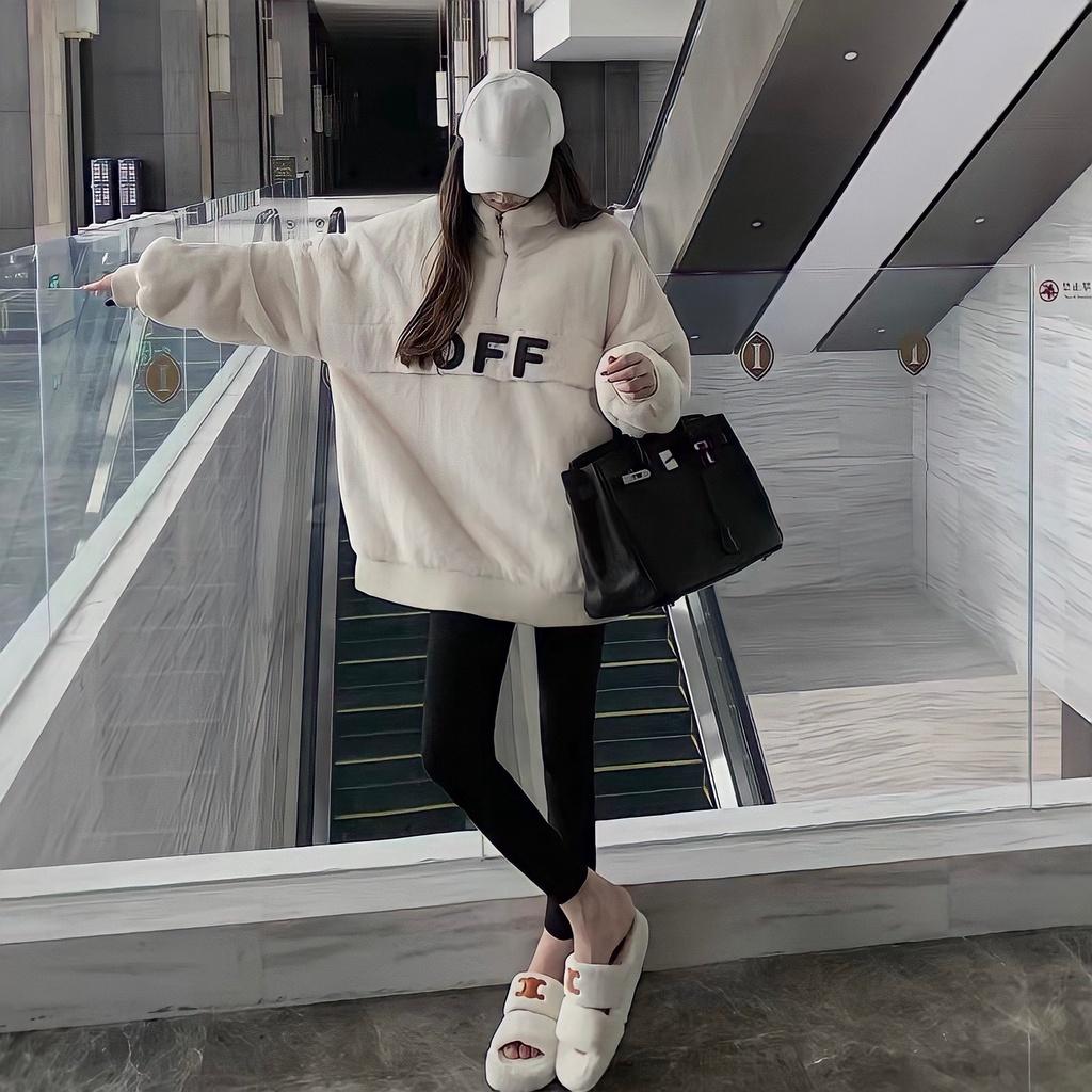 Áo Sweater Nỉ Zip Nữ Vải Lông Cổ Cao Dáng Thụng Thêu Chữ OFF