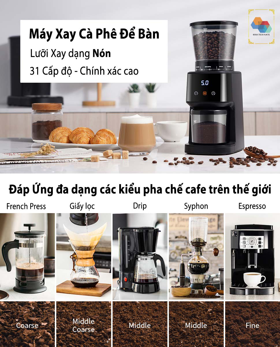 Máy xay cà phê HTG CG015 lưỡi dạng nón, 31 cấp độ xay mịn đa năng, pha chế cho máy pha espresso đồng nhất, tích hợp 2 vòng đệm tránh rơi vãi