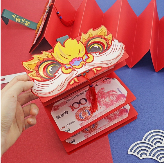 Bao Lì Xì Tết Hình Đầu Mèo Sư Tử Gấp Gọn, 2 Ngăn-6 Ngăn Sang Trọng Sáng Tạo GD617-LixiDay-2ngan