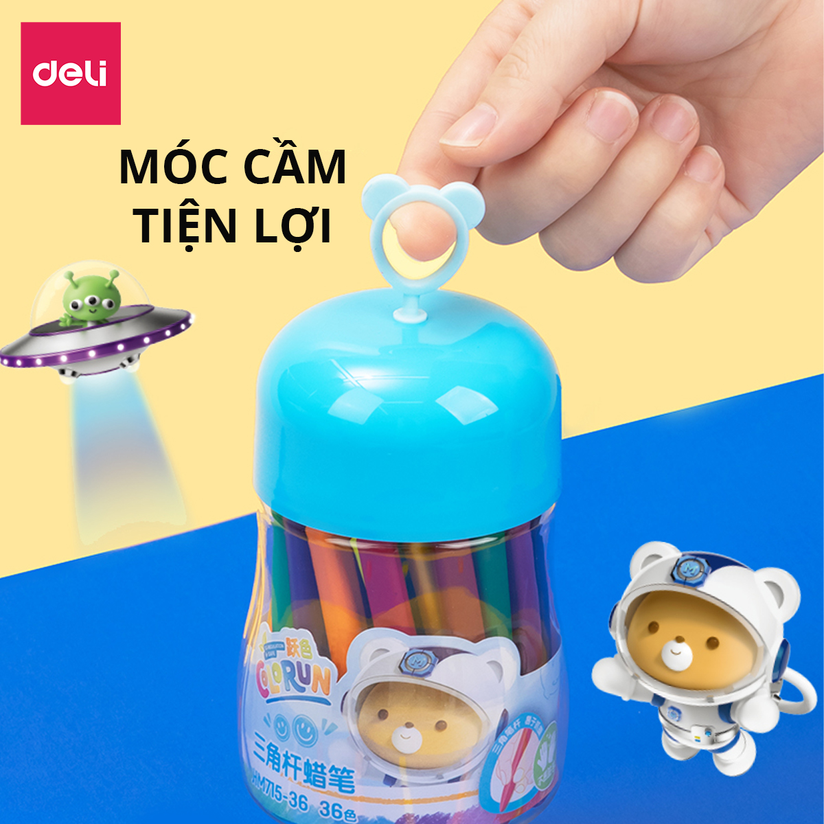 Bút sáp màu hữu cơ gấu con Deli - An toàn cho bé, không vấy bẩn tay - 12/24/36 màu - Tô màu, vẽ tranh học sinh trẻ em -  Cán tam giác dễ cầm