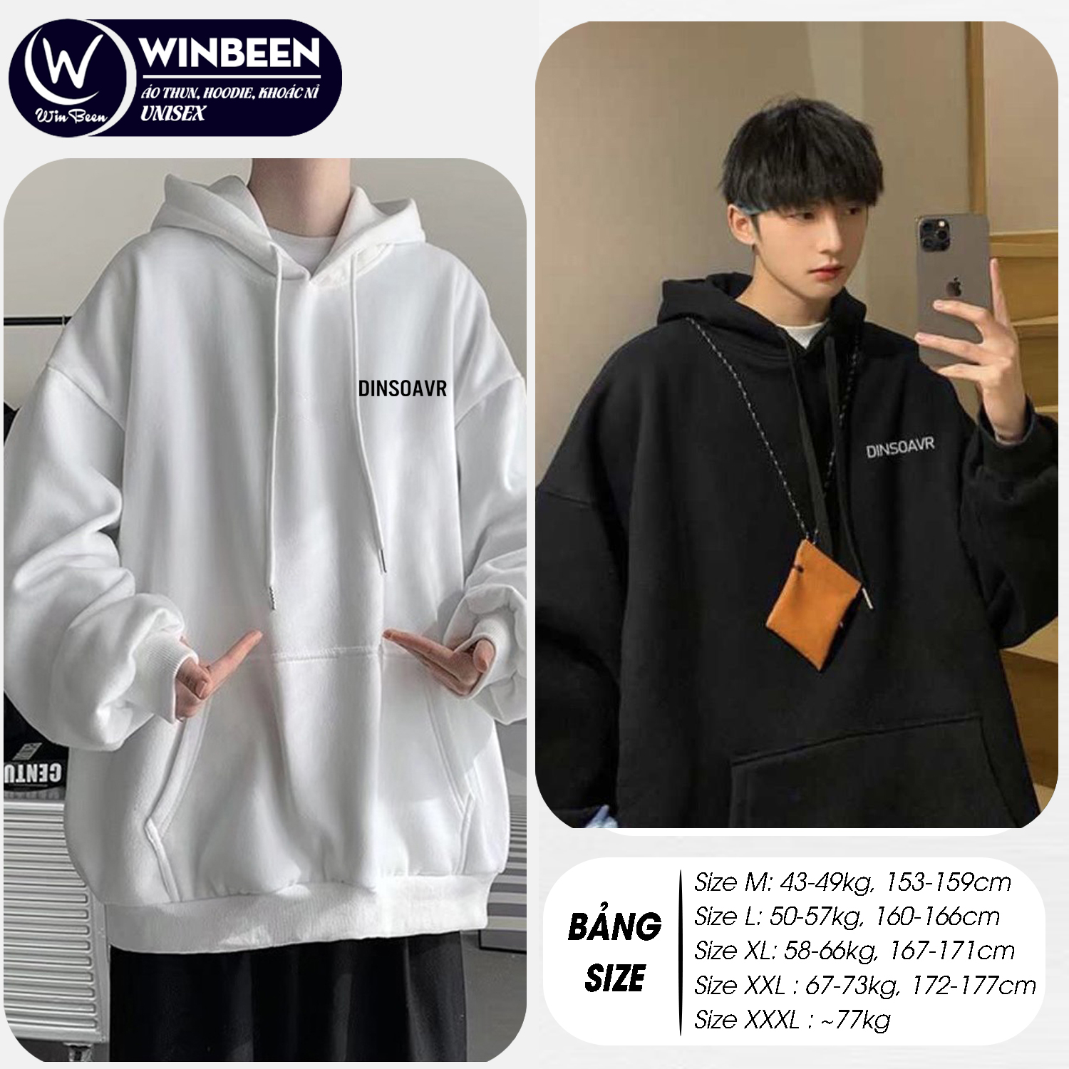 Áo hoodie, áo khoác nỉ trơn họa tiết đơn giản forrm rộng unisex 5 size 45-78kg WinBeen