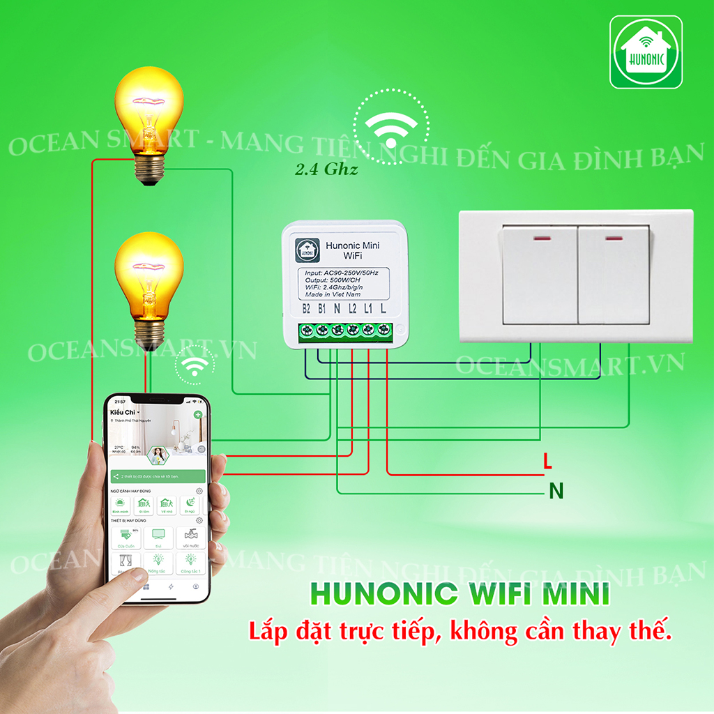 Công Tắc Thông Minh Wifi Hunonic Mini, Công Tắc Điều Khiển Từ Xa Qua Điện Thoại - HNMN02