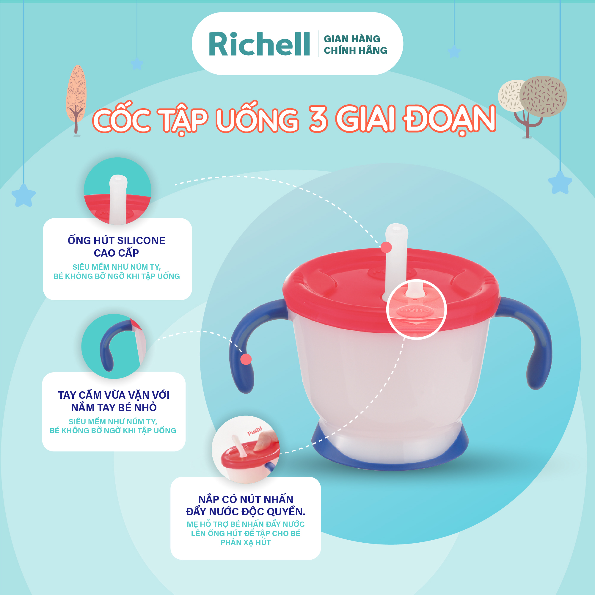 Bộ cốc tập uống 3 giai đoạn AQ &amp; bình ống hút AQ Richell Nhật Bản | Baby