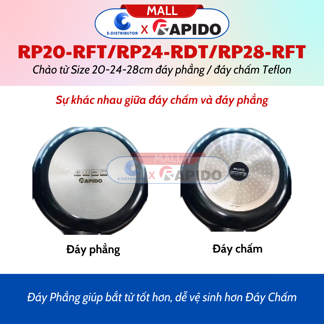 Chảo Từ Rapido Size 28cm Đáy Phẳng Teflon RP28-RFT - RP20-RFT (Size 20cm, Đáy Phẳng) - RP24-RDT (Size 24cm, Đáy Chấm) - Hàng Chính Hãng - Chịu Nhiệt Lên Tới 500 Độ C