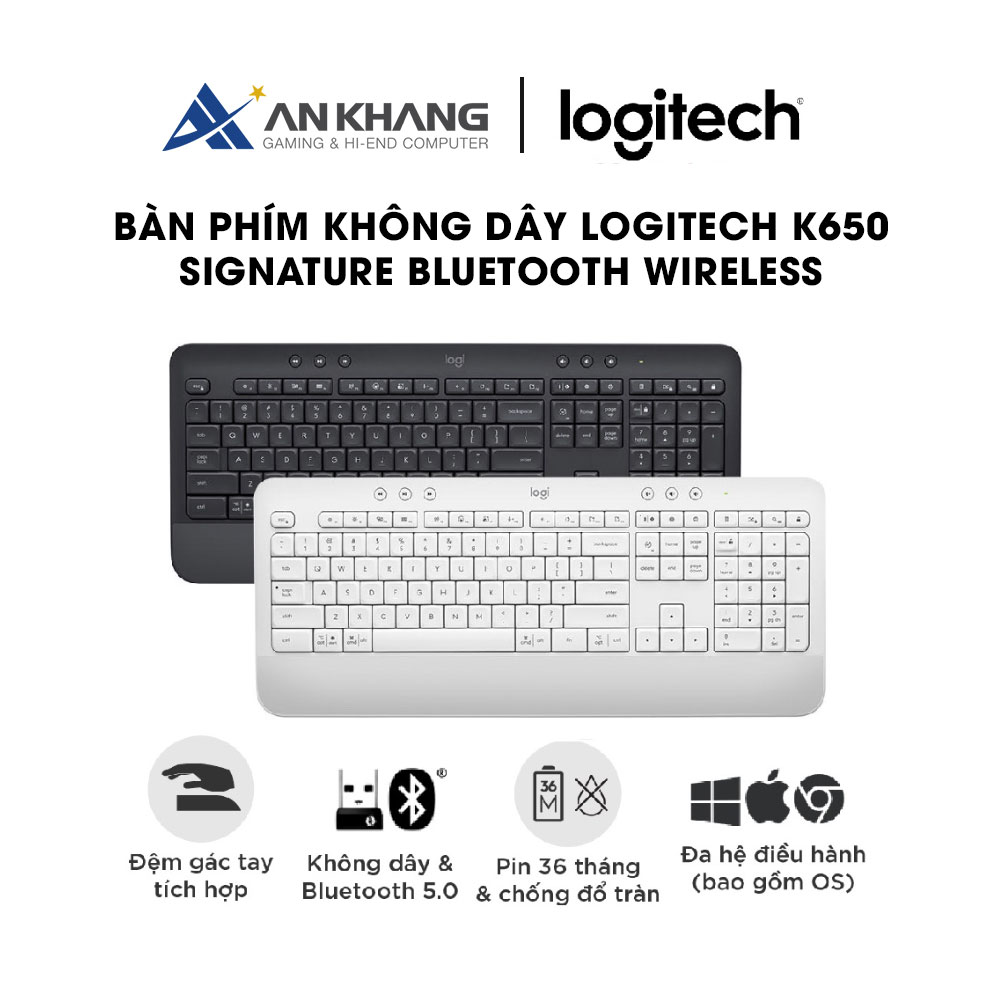 Bàn Phím Không Dây Logitech Signature K650 - Nhỏ gọn, kê tay tích hợp, kết nối Bluetooth & USB Bolt - Hàng chính hãng