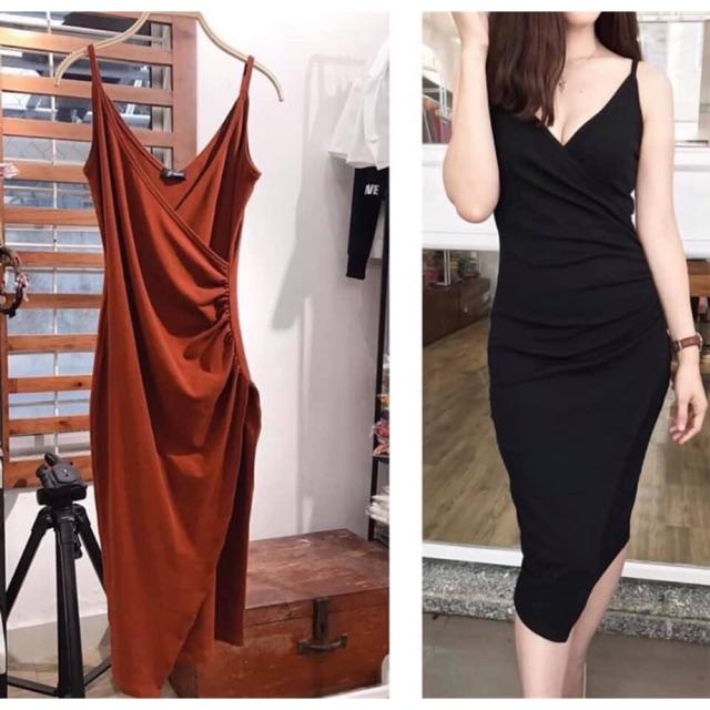 F468 Đầm ôm body 2 dây phom dài , tà đắp chéo