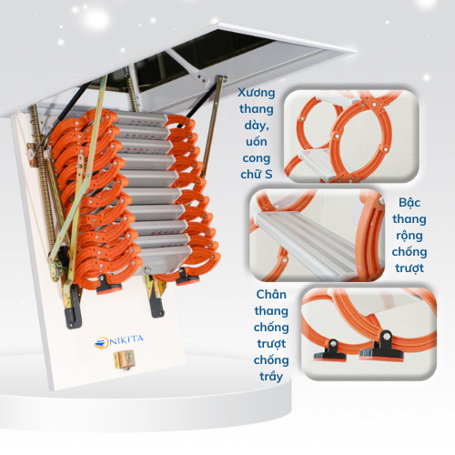 Thang gác xép bền chắc, tiện dụng, đẹp mắt, tiết kiệm không gian, chính hãng Nikita