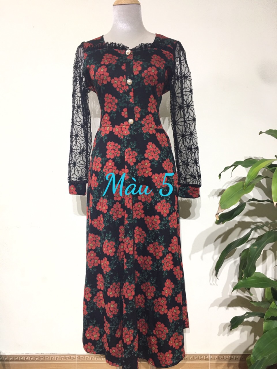 Đầm váy trung niên, đầm dự tiệc dáng xòe phối tay lưới mã 285