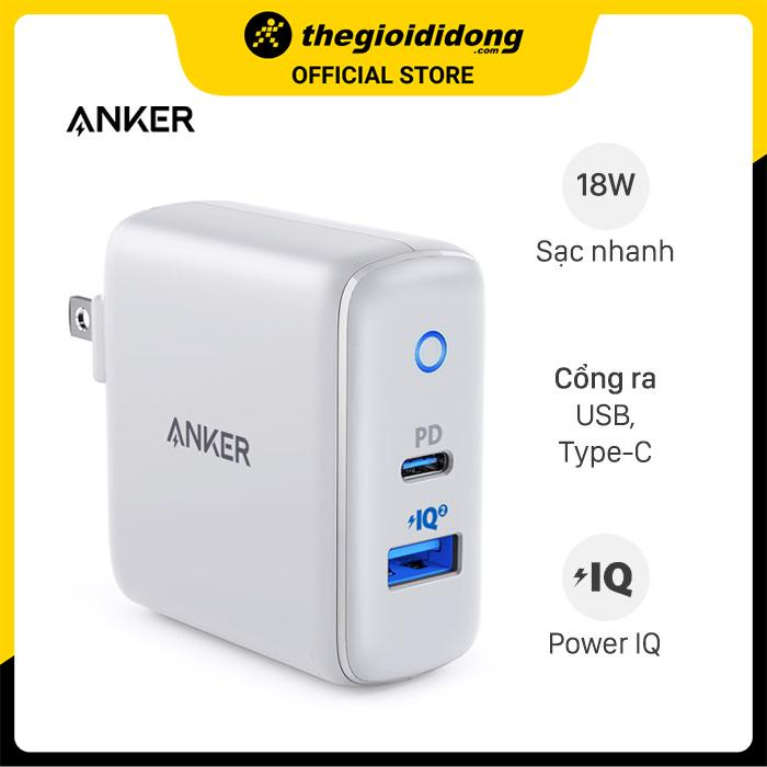 Adapter sạc 2 cổng USB Type-C PD 18W Anker PowerPort PD+2 A2626 Trắng - Hàng chính hãng