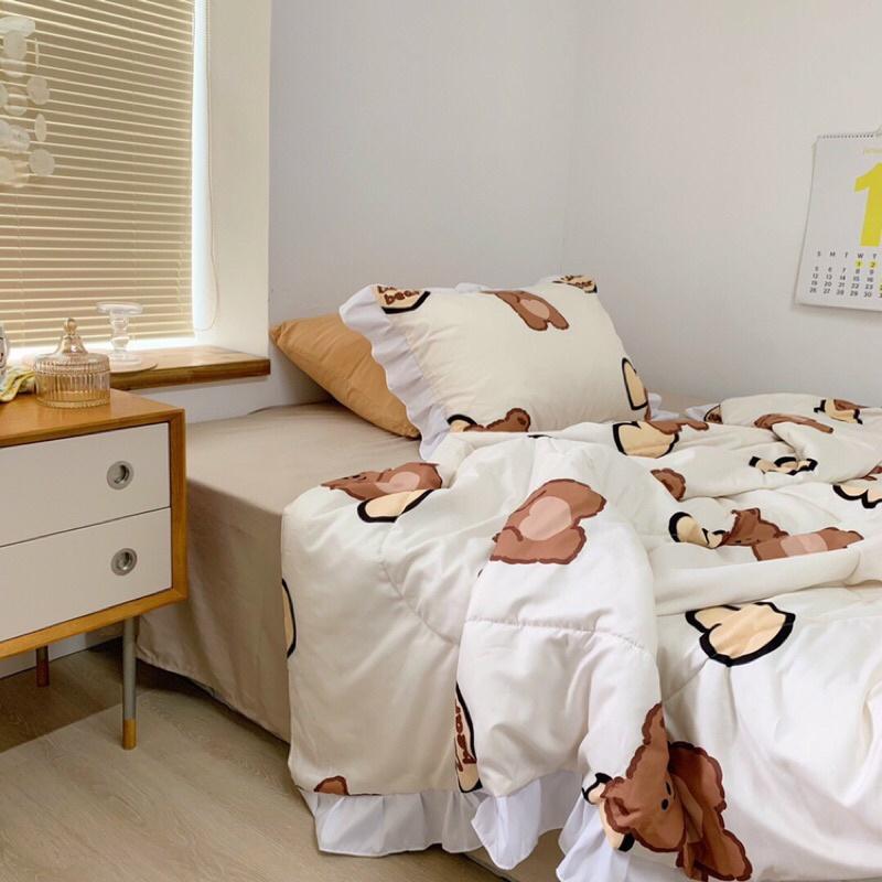 Bộ Chăn Ga Gối Cotton Đũi Bèo Chăn Chần Gấu Nâu