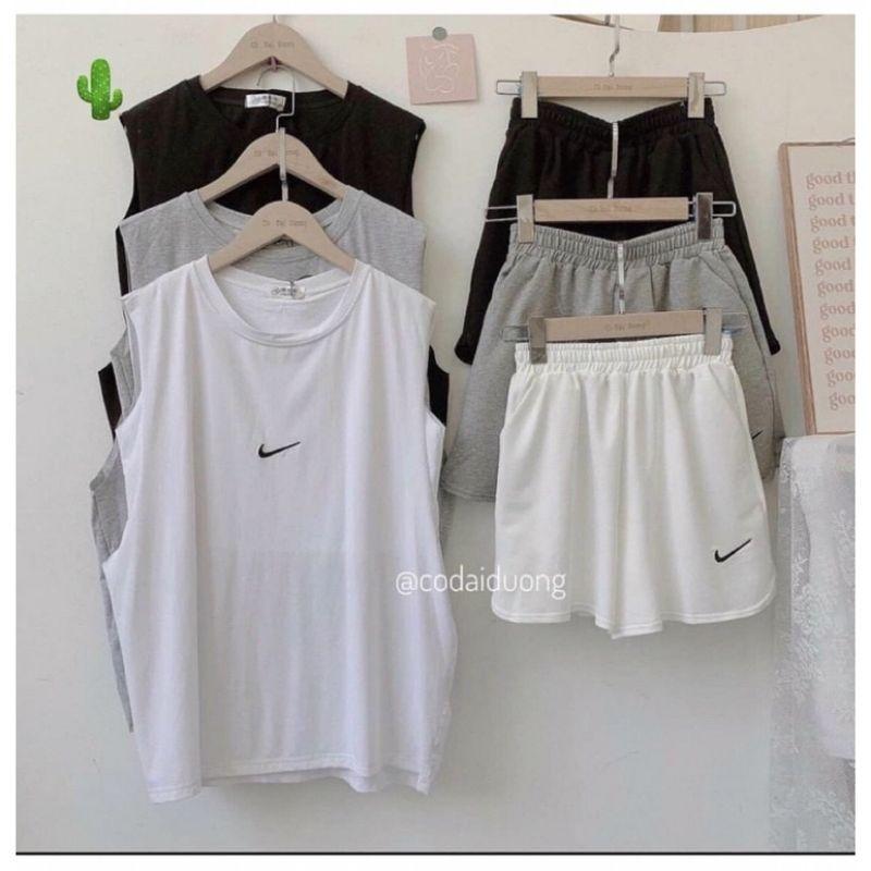 (Tặng áo ống) Set Áo quần cộc nữ Tanktop dáng SportBộ Thể Thao Nữ 3 Lỗ thêu Logo Ngực 