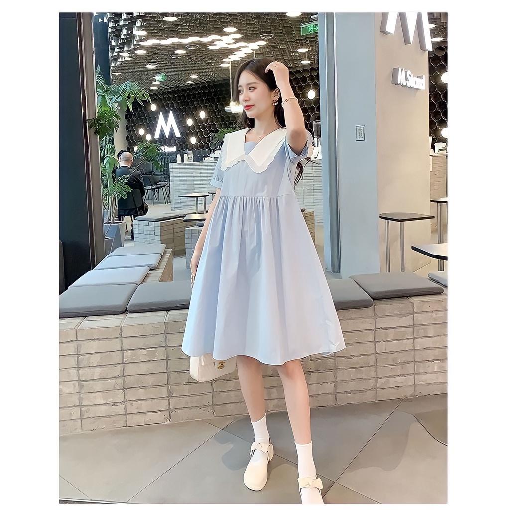 Đầm Nữ Tiểu Thư Xanh Mint Cổ Cổ Sen Phối Màu Cộc Tay Dáng Lỡ